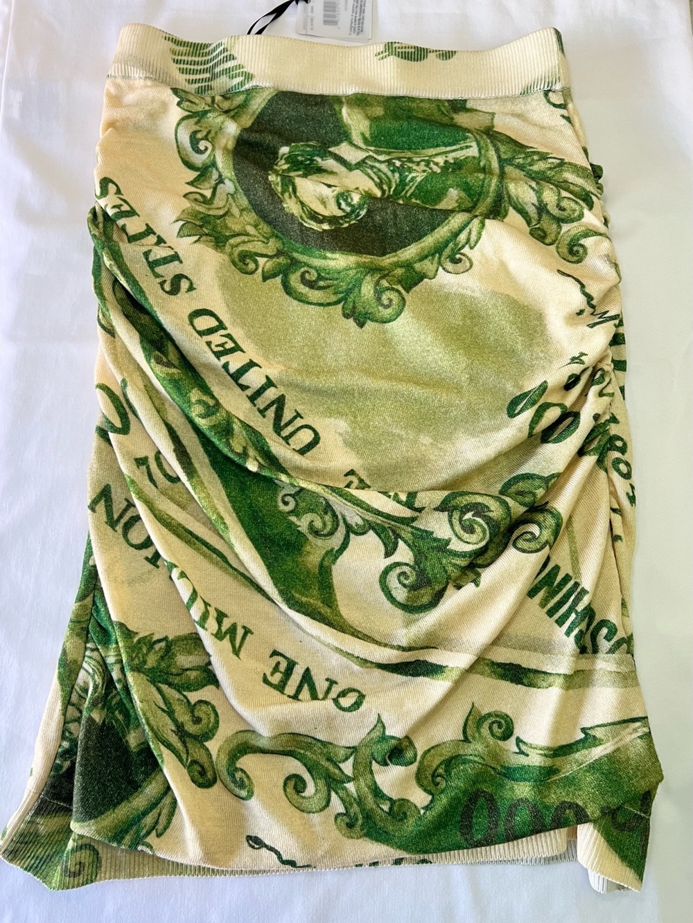MOSCHINO AW 2019 GREEN WOOL MONEY-PRINT RUCHED SKIRT